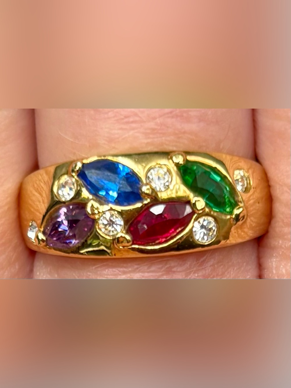 Vintage DAC Multi Stone Marquise Dome Ring Gold Tone Sz 7.5 Rainbow Statement